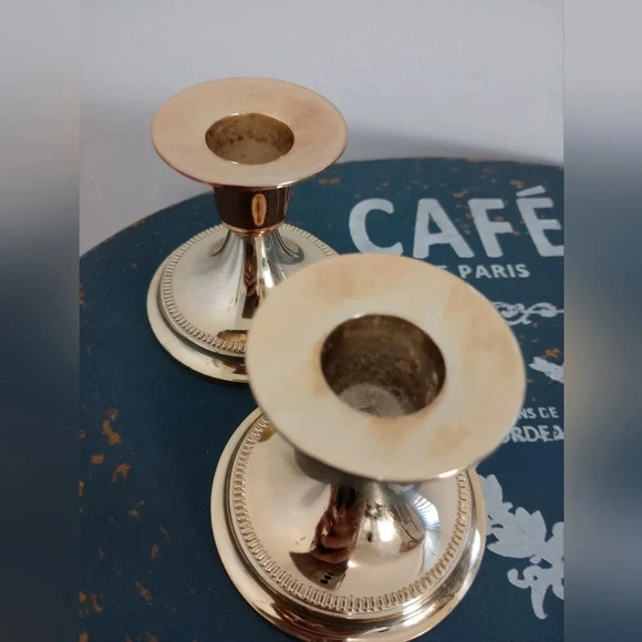VINTAGE Candlestick Duo Brass Brushed Metal Golden Candle Decor Set Cottagecore - Picture 5 of 6